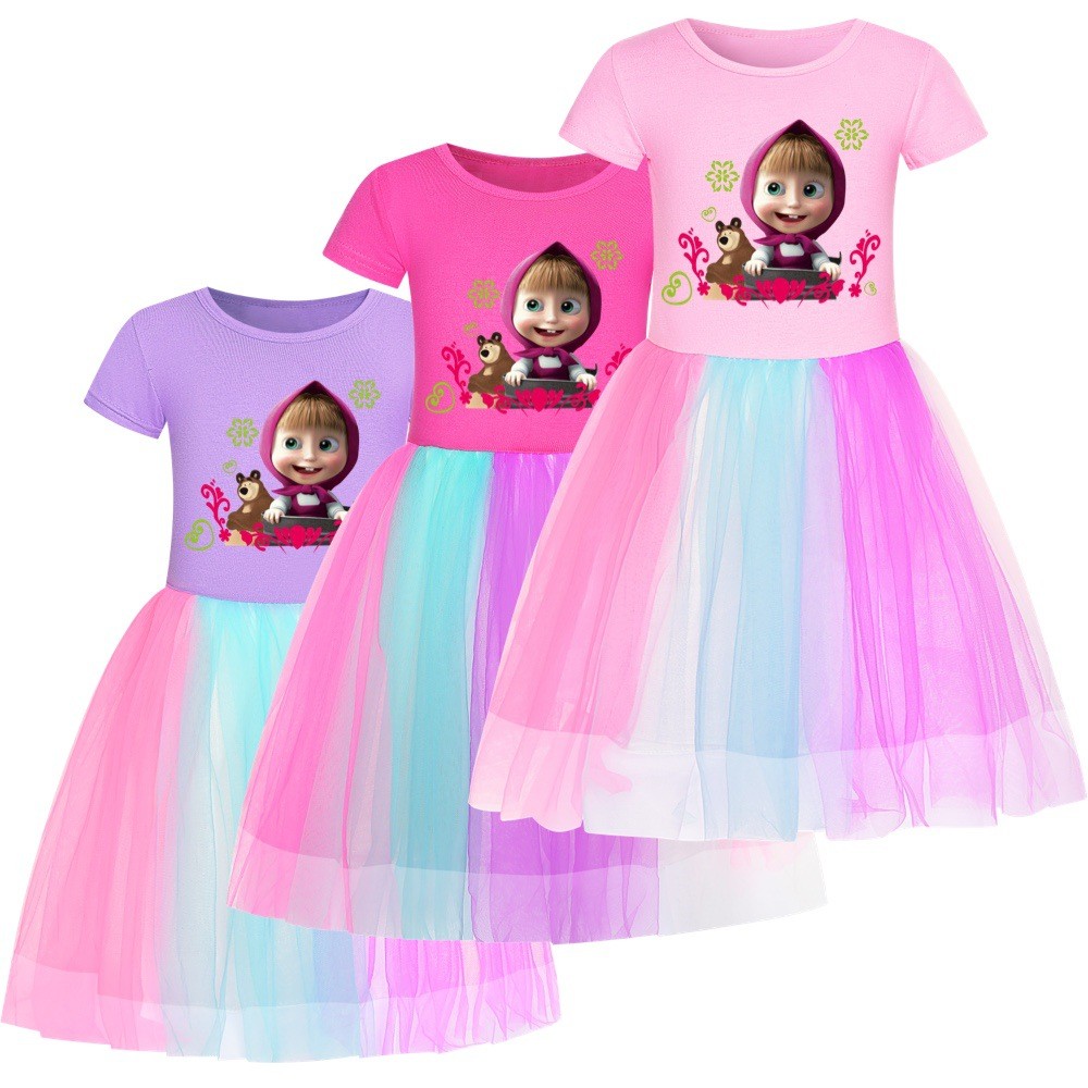 Masha and The Bear Pattern Sleeveless Mini Dress Set For 2-10 Years old ...