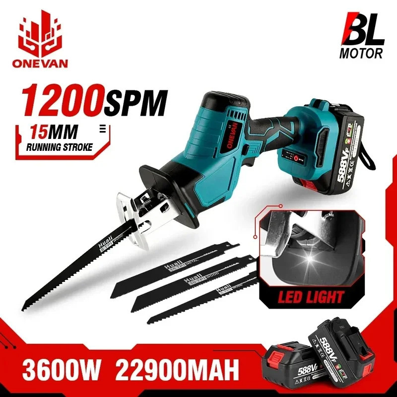 ONEVAN 20V Cordless Reciprocating Saw - 3000mAH Battery With 4 Blades 3100 SPM