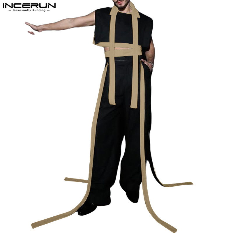 INCERUN Men's Fashion Color Contrast Ribbon Design Two Piece Set ...
