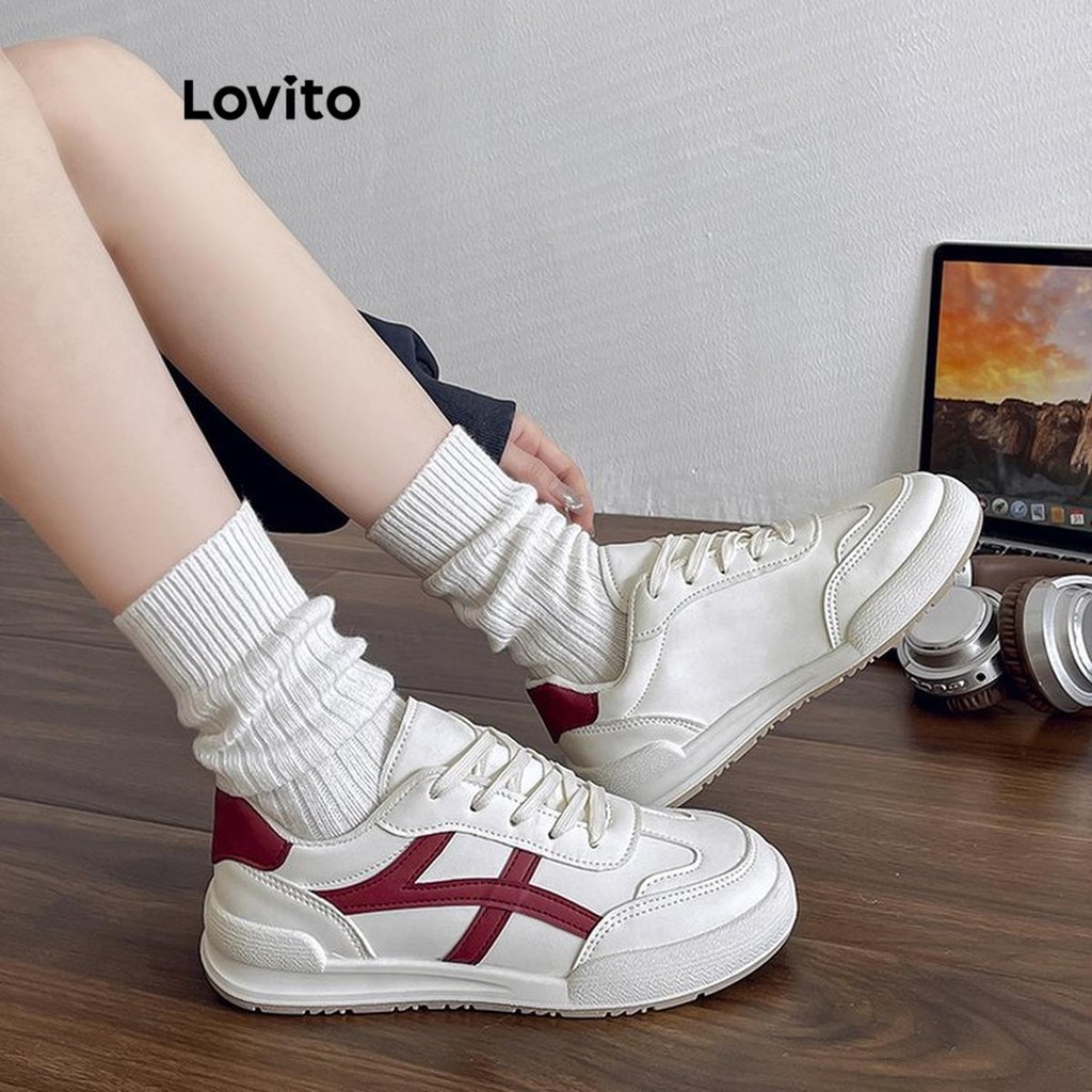 Lovito Women Casual Plain Colorblock Korean Version Preppy Style Soft Bottom Light Comfortable