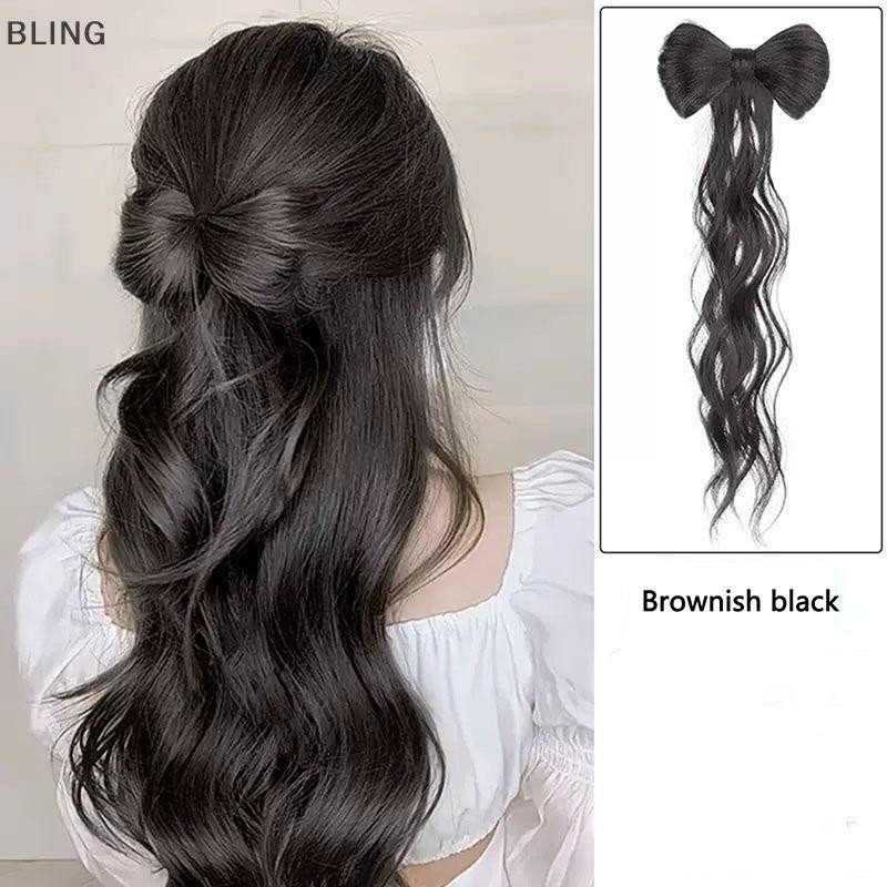 BLING】 Bow Half Tied Synthetic Ponytail Fluffy Wavy Wig Braid