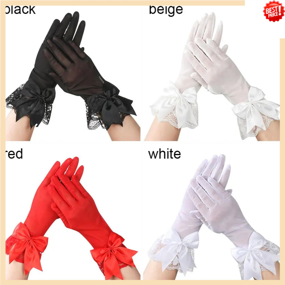 Fashion Bride Bow Lace Chiffon Gloves Women White Gloves Sunscreen ...