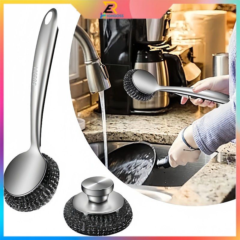 3PCS Stainless Steel Cleaning Set Long Handle Pot Brush Dishwashing ...