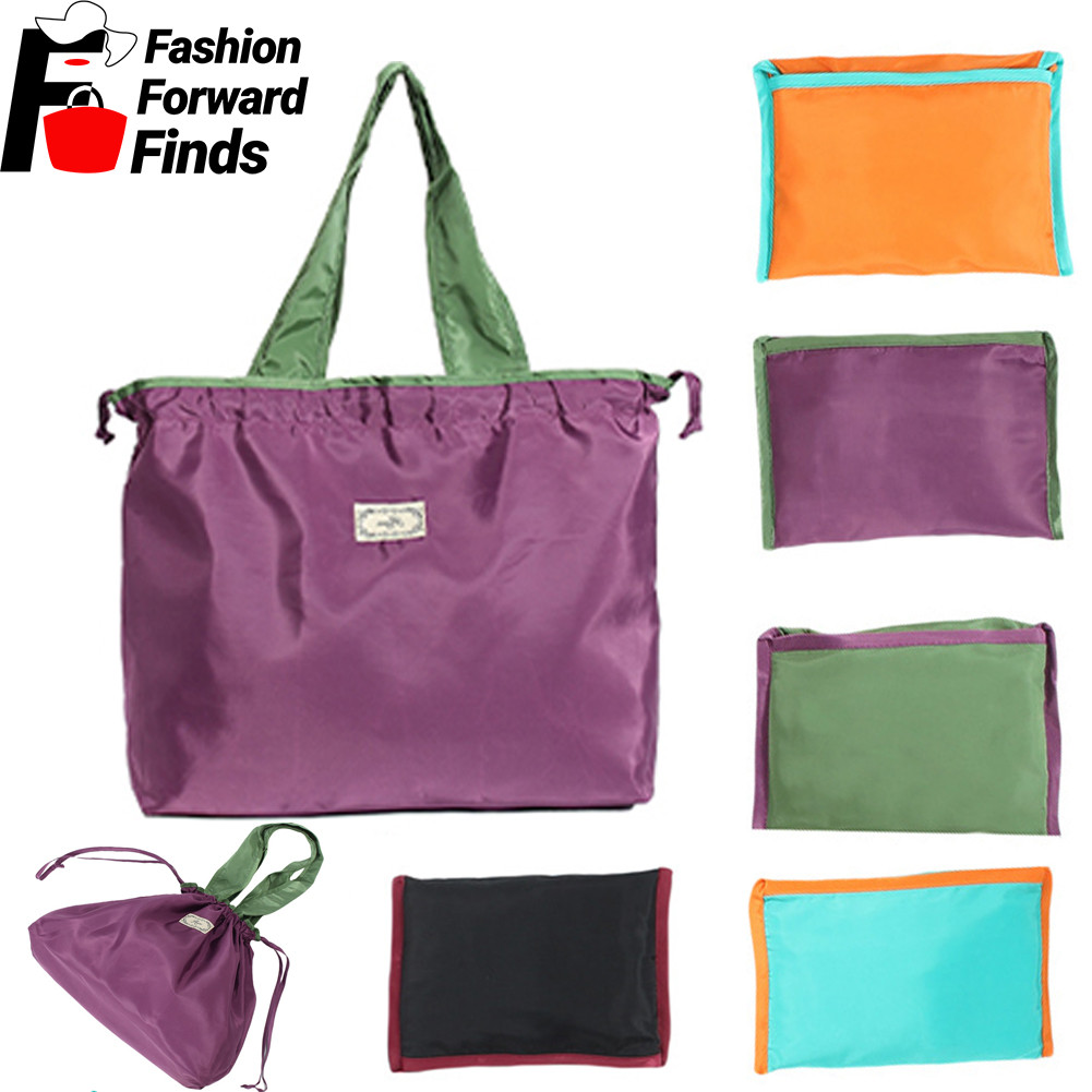 Reversible Women's Tote Bag Foldable Drawstring Shopping Bag Nylon