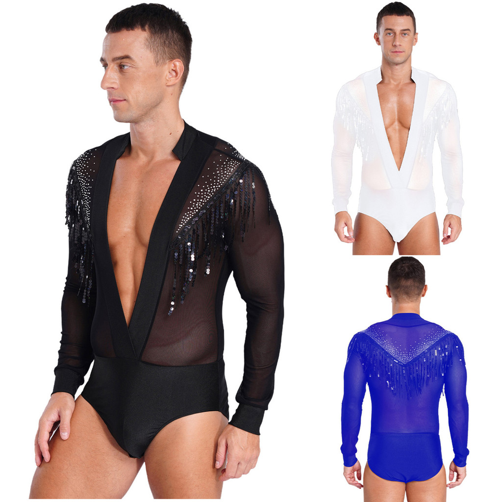 Linjinx #S-XXL Mens Latin Dance Leotard Deep V-neck Sheer Mesh ...