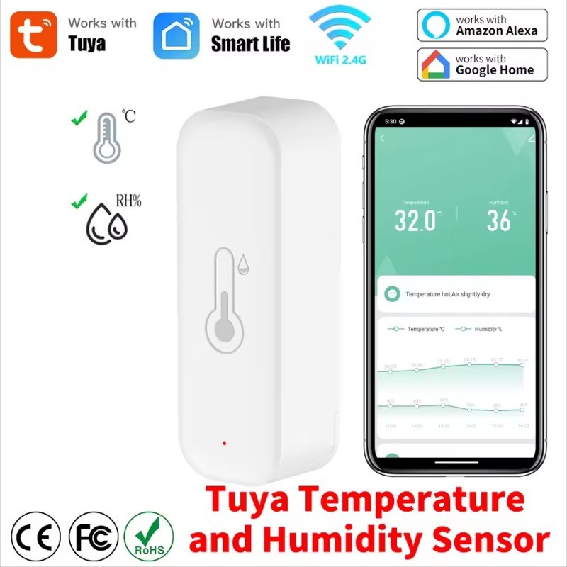 Tuya WiFi Temperature Humidity Sensor Home Connected Thermometer Voice ...