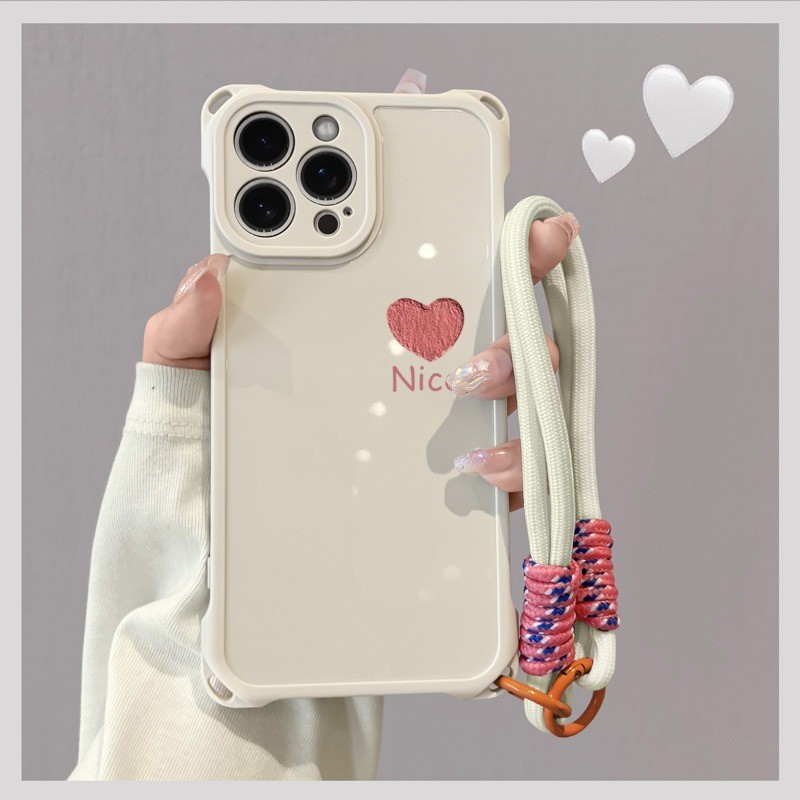 For iphone 14 Pro Max 13 mini 12 XR XS Simple couple love anti fall phone  case with hand strap 丨YSK