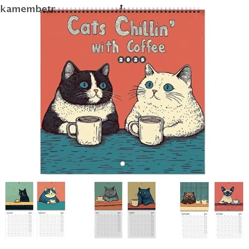 ka 2025 Cat Calendar Cats Chillin' With Coffee Handmade 12 Monthly