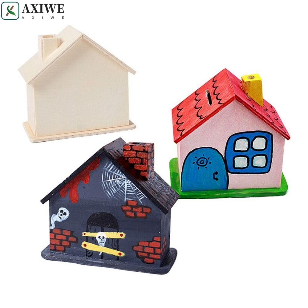 AXIWE Small House Piggy Bank, Unfinished Wooden DIY Painted Storage Jar ...