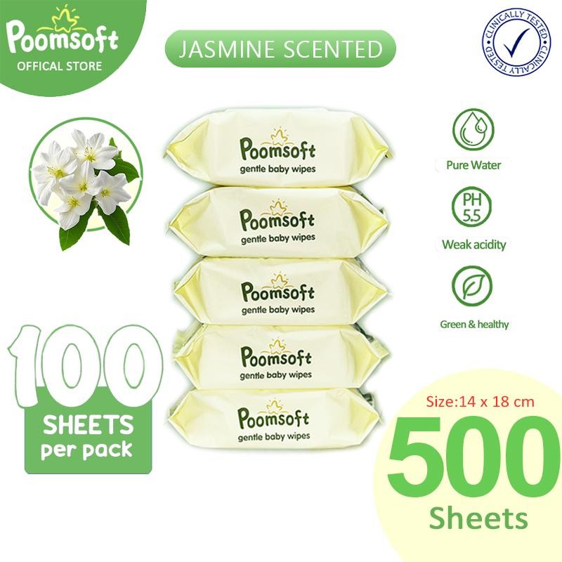 Poomsoft 5 Packs x 100 Pcs Jasmine Scented Baby Wipes Alcohol-Free Baby ...