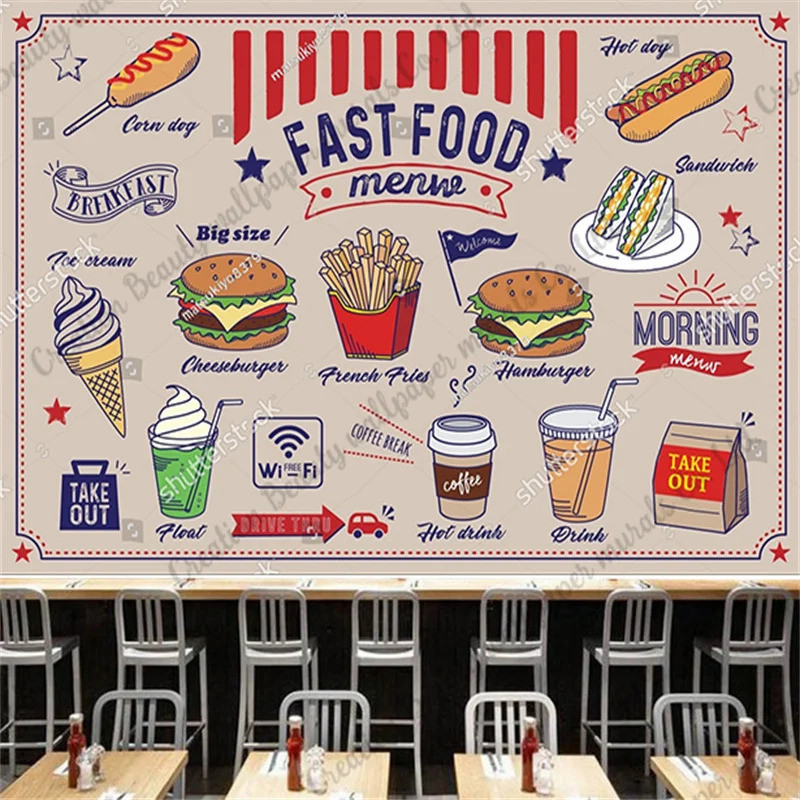 Custom wallpaper mural Hand-painted Burger Fast Food Wallpaper ...