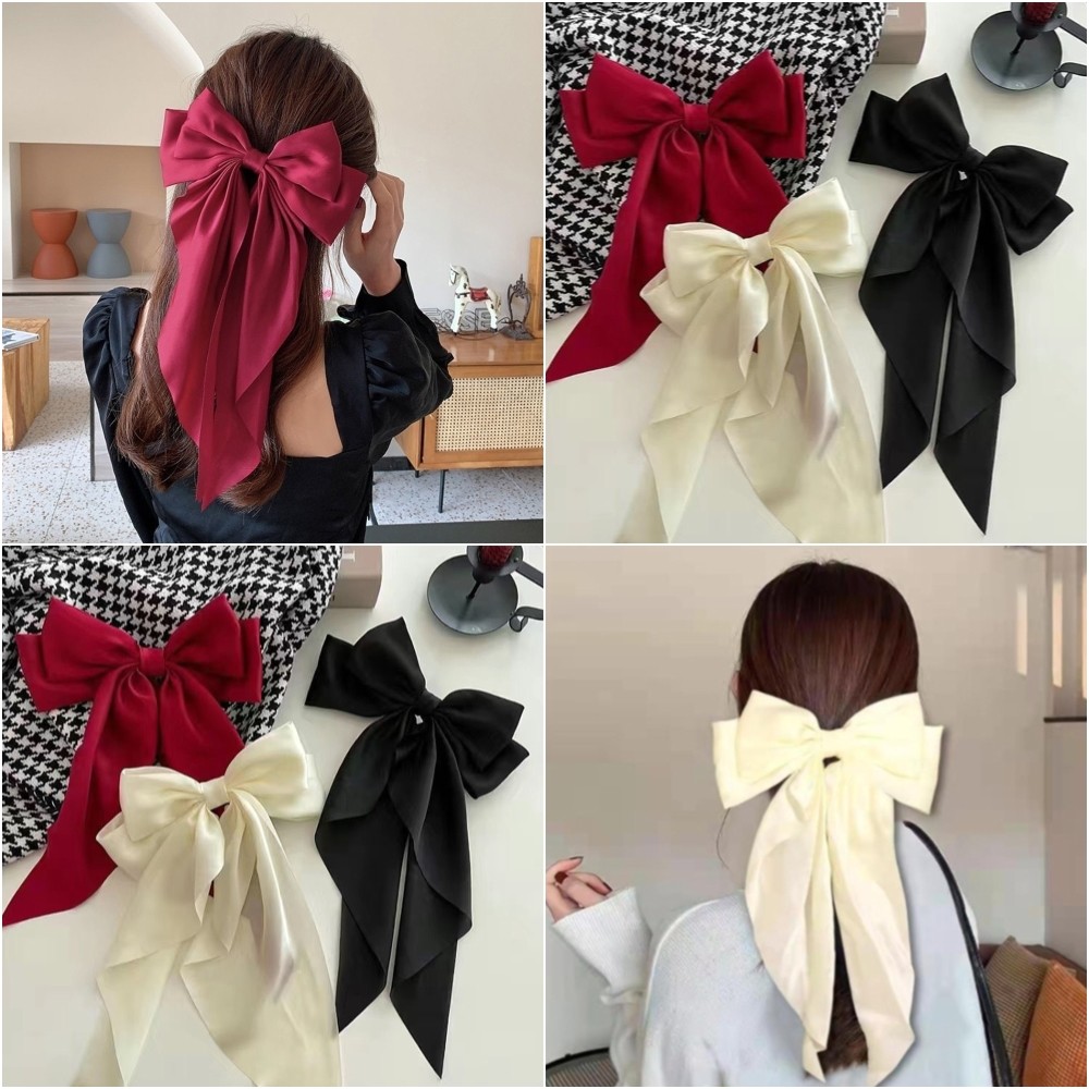 Korean Spring Satin Bow Ribbon Hairpin Women's Fabric Back Head Spring ...