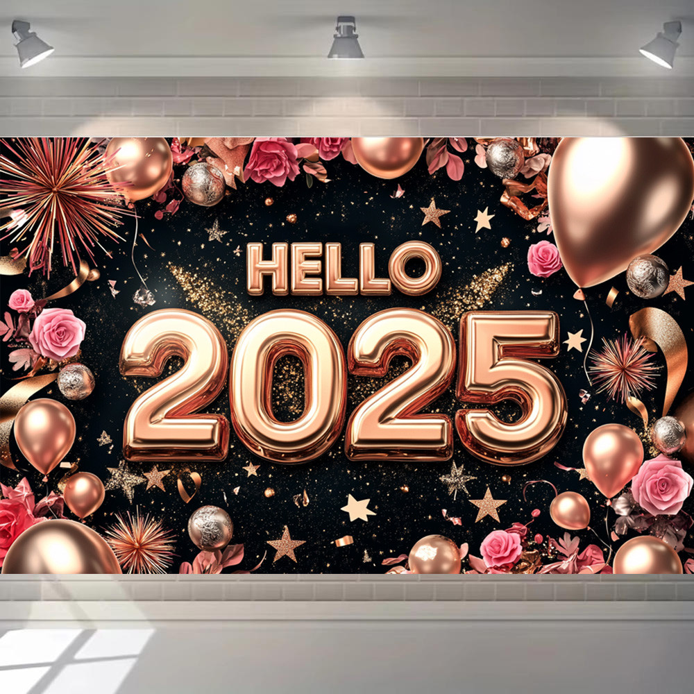 Happy New Year Banner 2025 Black Rose Gold Happy New Year Sign Backdrop ...