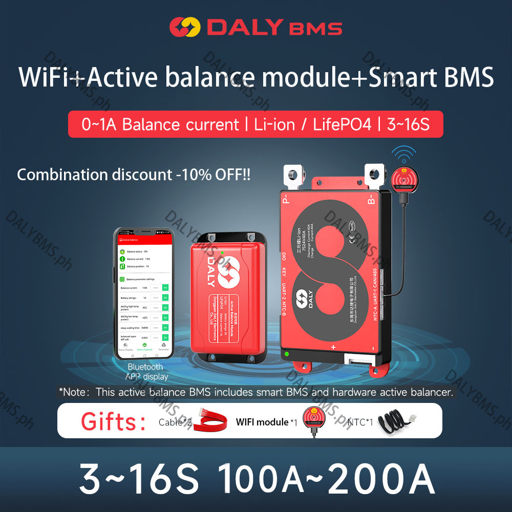 DALY Smart BMS+1A Hardware active balancer Lifepo4 Li-ion battery 100A ...