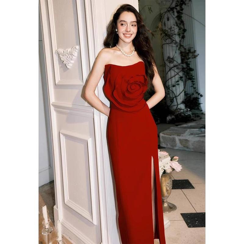 TAVIMART  -  Casual Mesh Patchwork Women's Long Dress Fashion Strapless Split Banquet Dress 2025 Spring Summer Elegant Solid Holiday Dresses