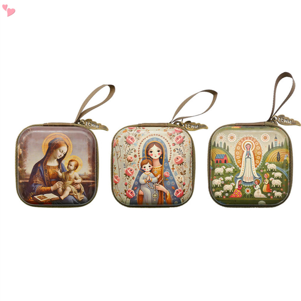 7x7cm Virgin Mary Jesus Prayer Rosary Bag Religious Jewelry Storage Box ...