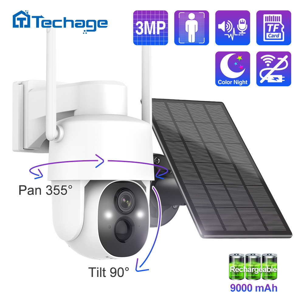 ☯Techage 3MP Wireless Solar PTZ Camera Outdoor Rechargeable Battery ...