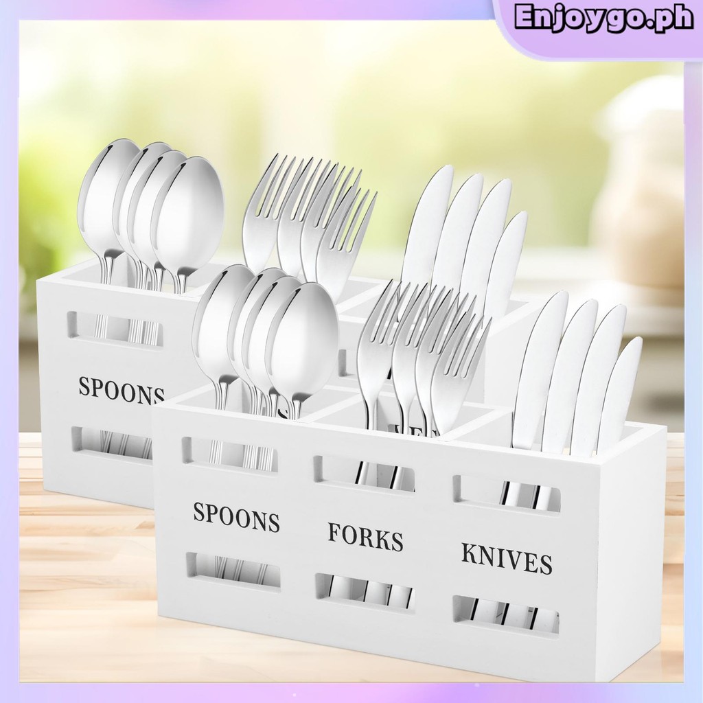 Silverware Caddy Wood Utensil Caddy with 3 Compartments Large Capacity ...