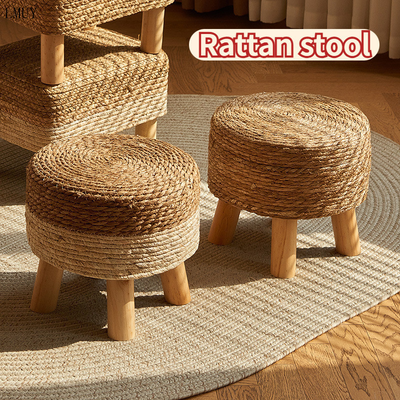 Straw Stool Low Woven Round Stool Natural Rattan Coffee Table Stool ...