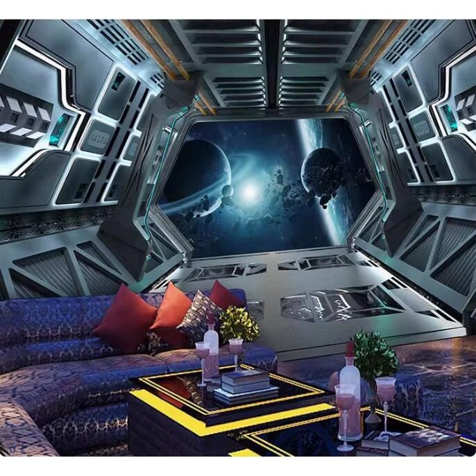 Custom Spaceship Theme Self Adhesive Wall Paper 3D Bar KTV Restaurant ...
