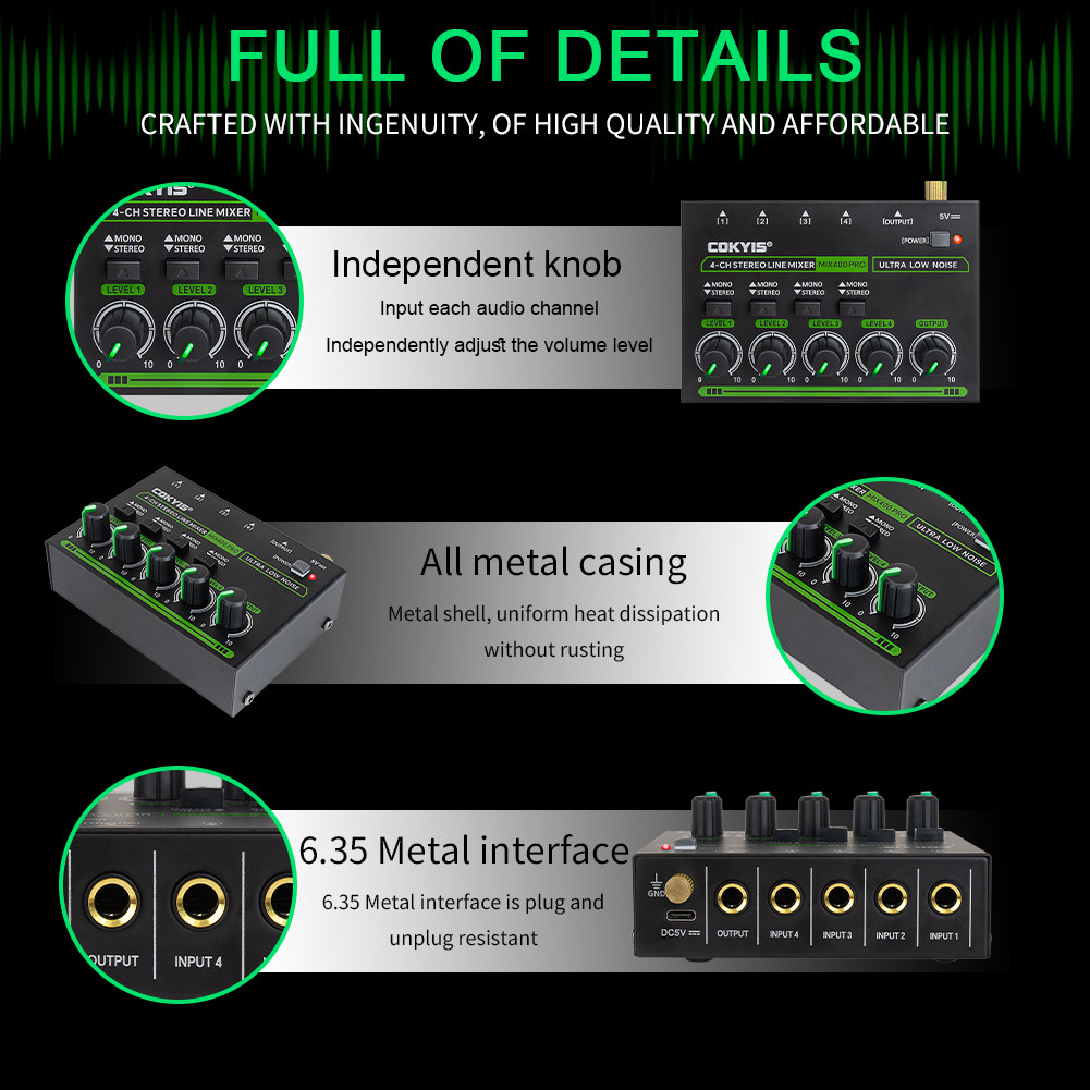 4 Channel Ultra Low Noise Stereo Line Mixer Mini Audio Mixer for Club ...