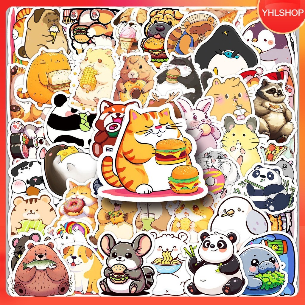 50 Designs fat animal Stickers Eat Food Cute eating cartoon sticker ...