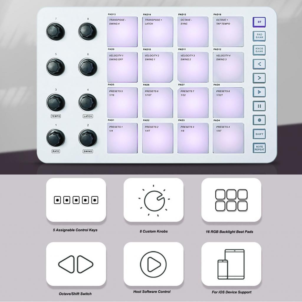 Wireless MIDI Controller with 16 RGB Drum Pads and 8 Rotating Knobs USB ...