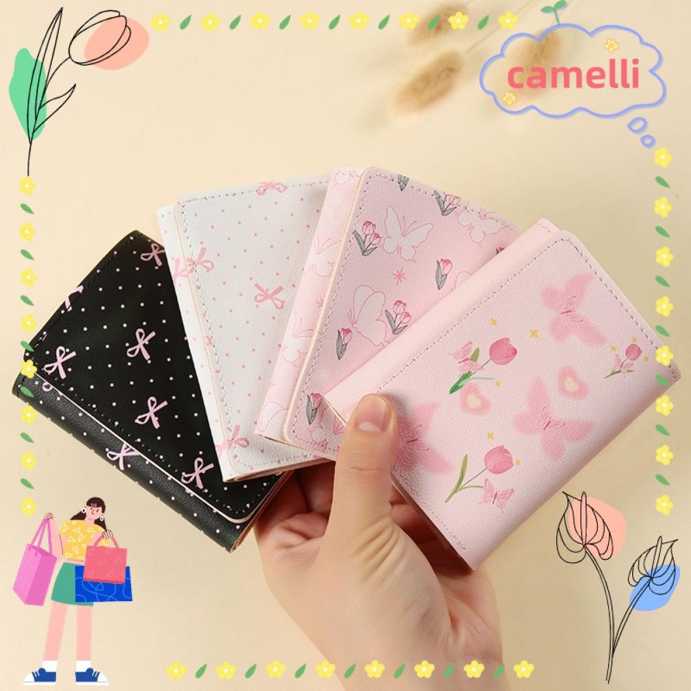 CAMELLI Coin Purse, Pink Color Floral Bow Women Wallet, Portable Multi ...