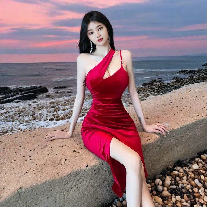 SAFERIDO 2025 style  New Popular trade women's clothing new slanted shoulder sexy hollow slim ruffle side split dress main image 1