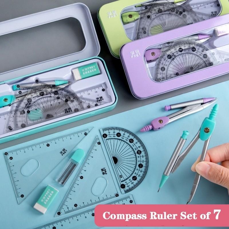 7 Pcs School Stationery Measuring Scale Set Geometric Drawing Set ...