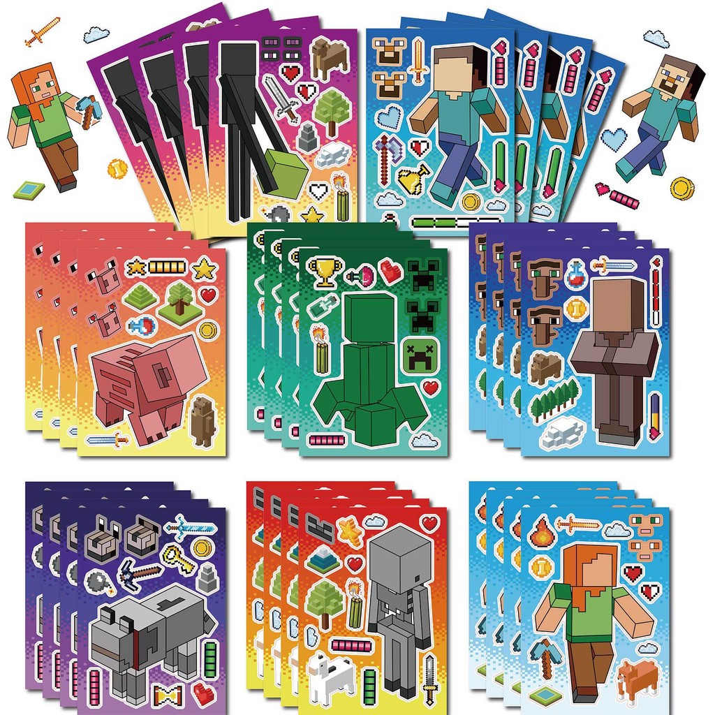 16pcs Game Minecraft Make A Face Puzzle Miner Pixel Stickers Kids ...