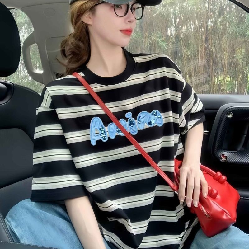 Contrast Color Striped Short-Sleeved T-Shirt Women Summer New Style ...