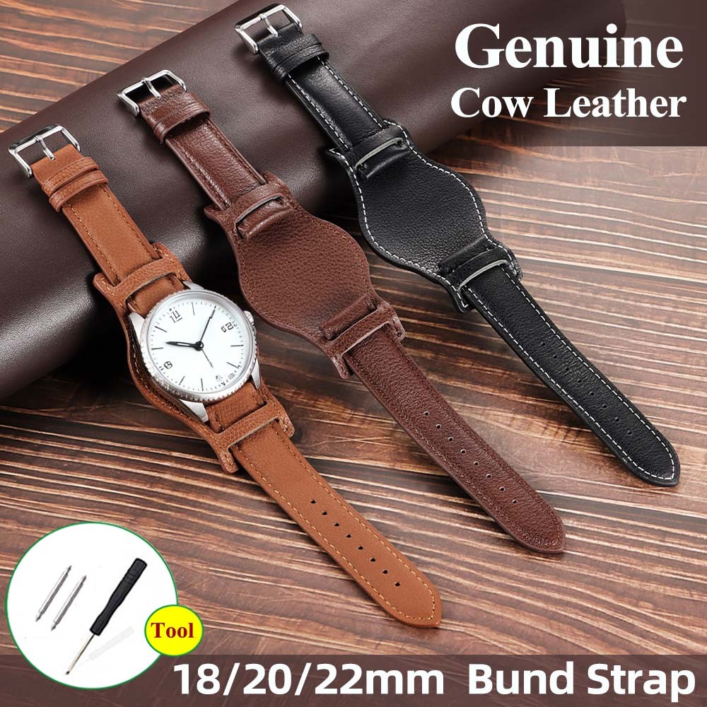 18mm 20mm 22mm Cowhide Leather Watch Strap Bund Strap with Base Tray Smooth  Genuine Leather Watch Bracelet Black Dark Brown Coffee Wrist Belt Men