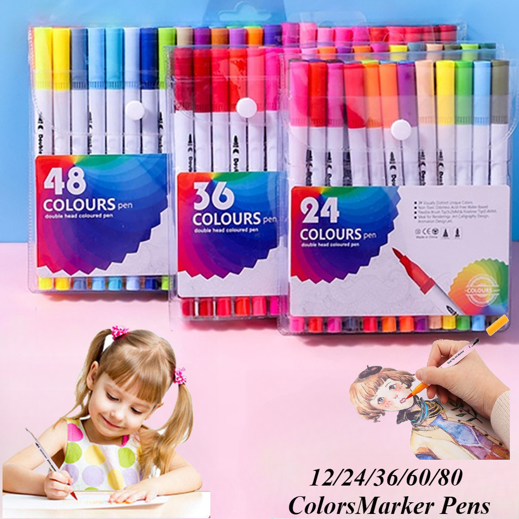 12/24/36/60/80 Colors Marker Pens Watercolor Brush Pen Dual Tip Pen Art ...