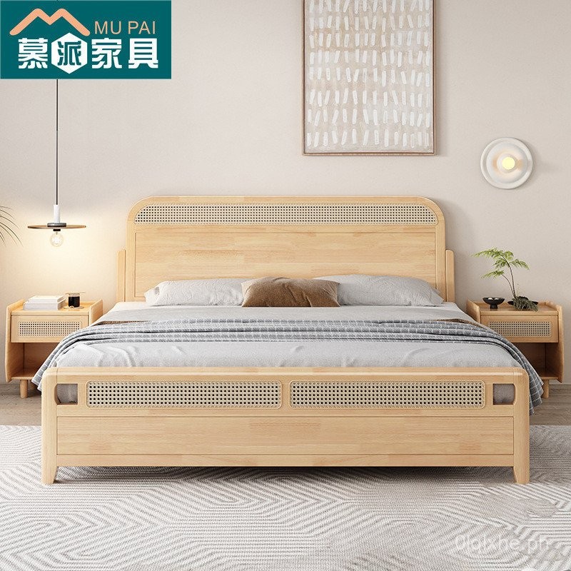 Silent Style Solid Wood Bed Rattan Vintage Simple1.5Single Japanese Log ...