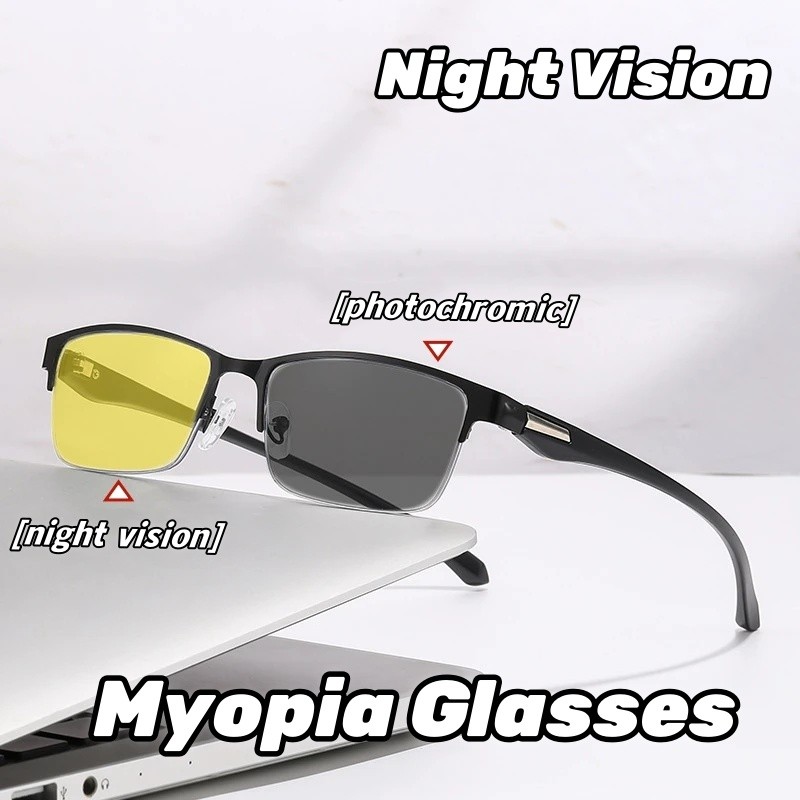 Metal Half Frame Photochromic Myopia Goggles Dual-purpose Men's Color  Changing Night Vision Goggles for Day and Night Use