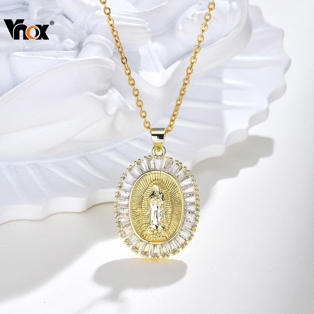 Vnox Diamonds Oval The Virgin Mary Pendant Necklace for Women,Gold ...