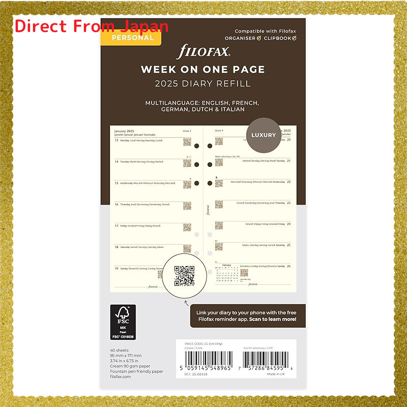 Filofax System Planner Refill January 2025 Start Bible Weekly White 25 ...