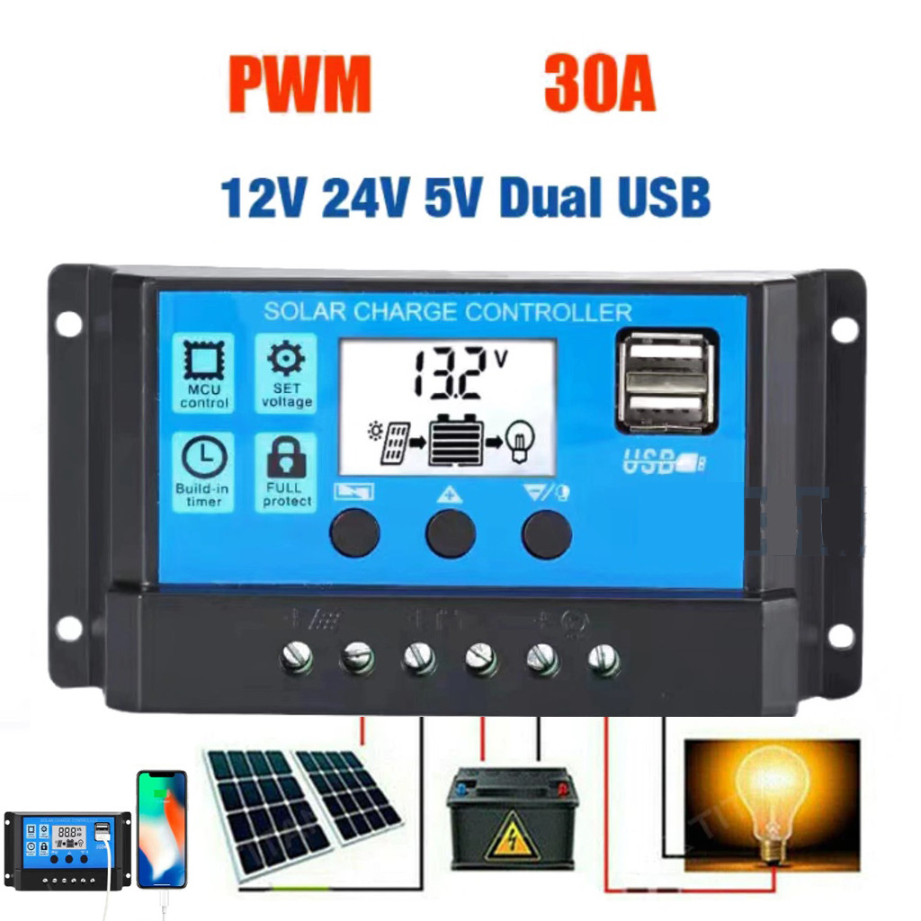 30A PWM Solar Charge Controller 12V/24V Battery Regulator Solar Panel ...