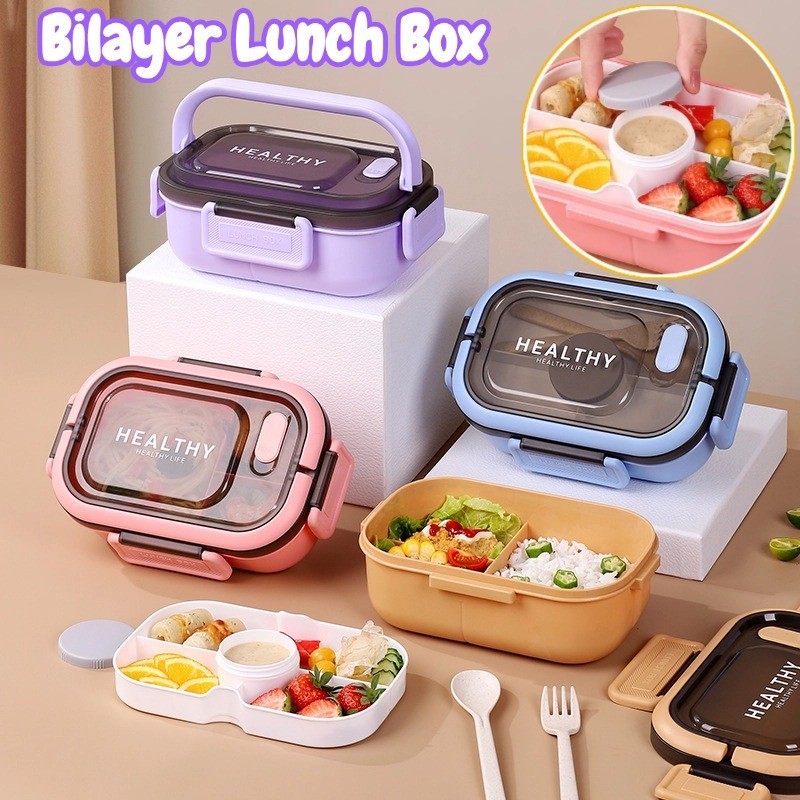 Double Layered Lunch Box with Sauce Container Bento Box Divided ...