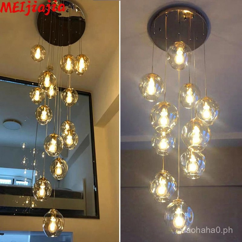 LED duplex staircase long chandelier villa hotel rotating living room ...