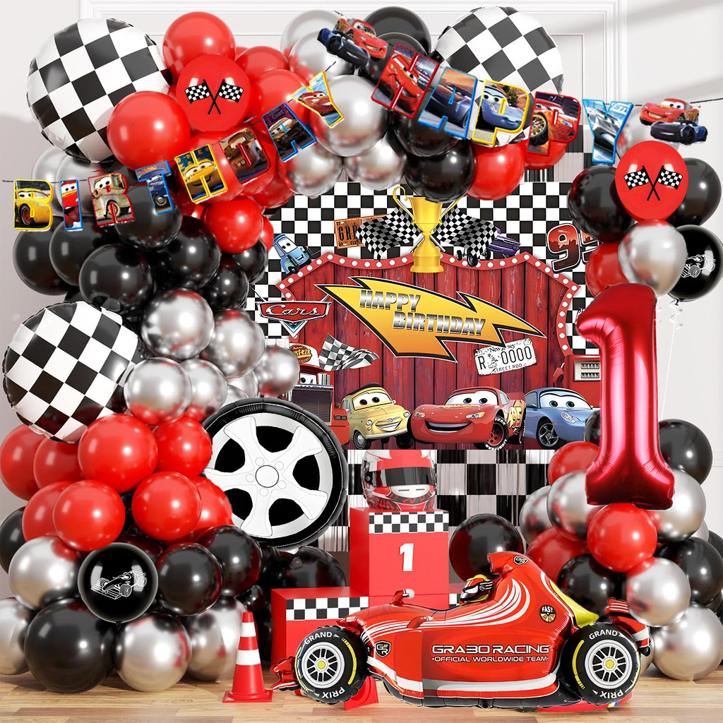 1set McQueen Racing Car Theme Black Red Metallic Balloons with Car Foil ...