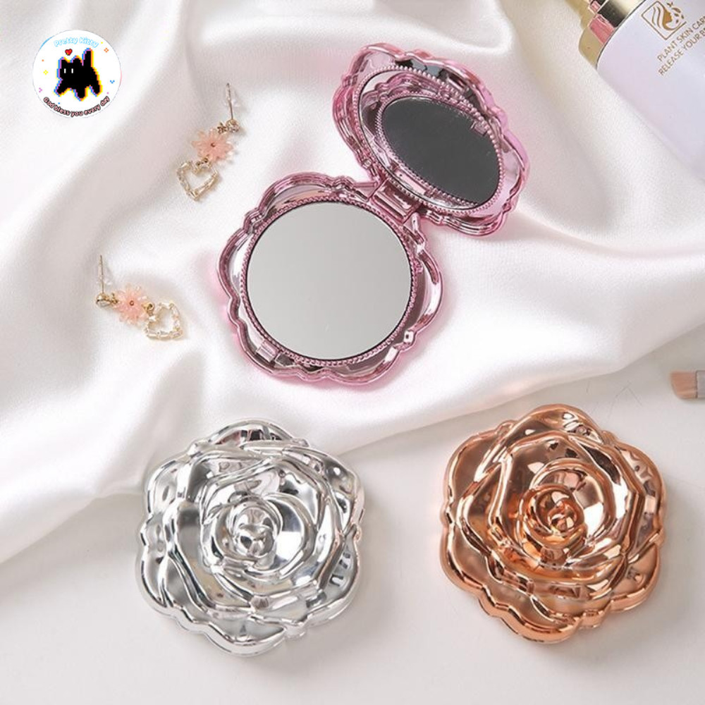Portable Mini Mirror Retro Rose Flower Pocket Makeup Mirror Girl Double ...