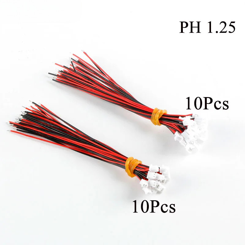 20-Pack Mini JST PH 1.25mm 2-Pin Male & Female Connector Set With 80mm Wire Cables – 1.25mm Pitch, Pre-Crimped