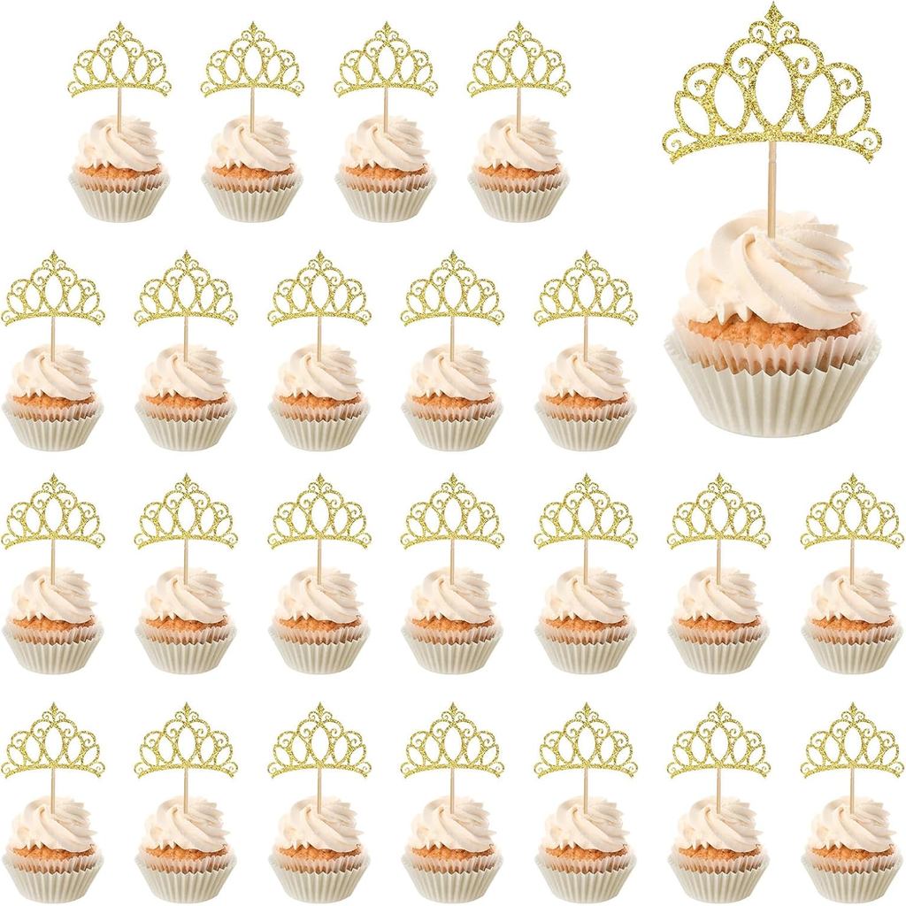 24Pcs Gold Crown Cupcake Toppers Glitter Queen Crown Cupcake Picks for ...