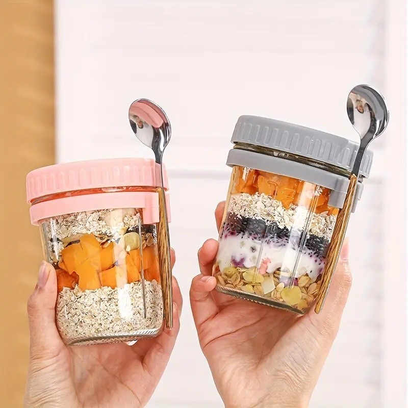 Reusable 350ml Overnight Oats Jar With Spoon Airtight Breakfast ...