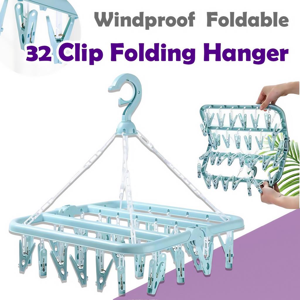32 Clip Folding Plastic Hanger Windproof Clothes Hanger Foldable Clips ...