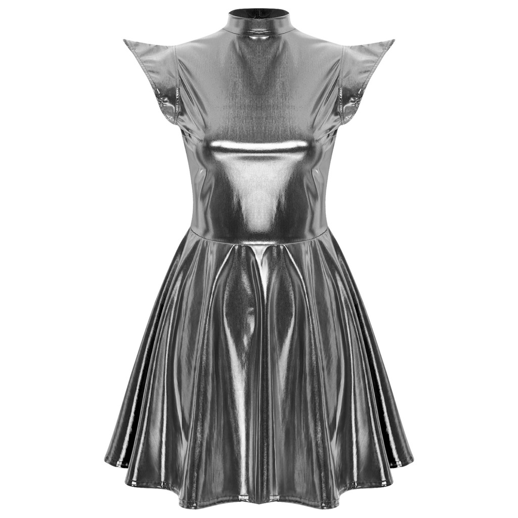 Yeahdor Women Shiny Metallic Dress Mock Neck Cap Sleeve High Waist A-line Dress  Halloween Dress Party Dress Fashion Bar Club Wear | Shopee Philippines
