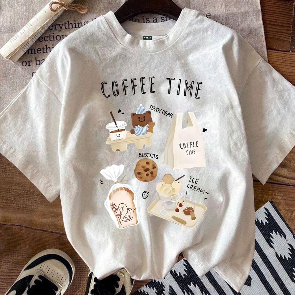 Korean Women's Casual Coffee Time Graphic T-Shirt Trendy Print 100% ...