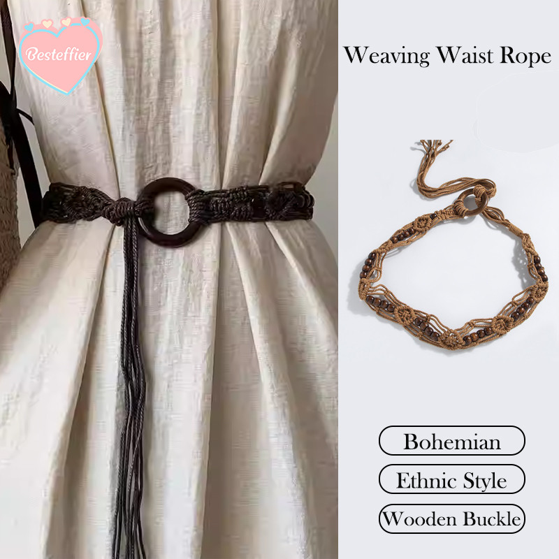 [BF] Weaving Belt Bohemian Long Dress Women Wooden Buckle Waist Rope ...